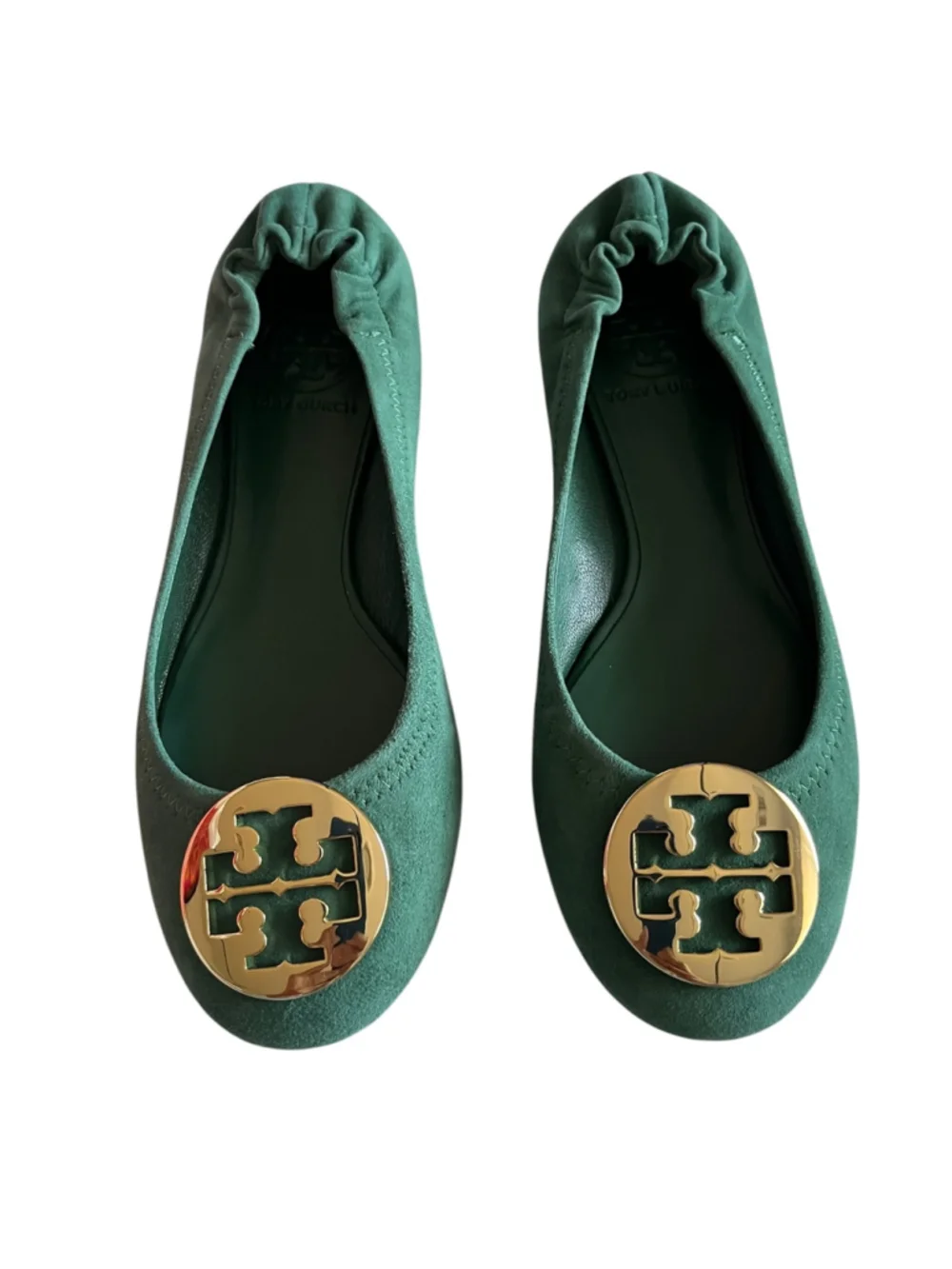 Tory Burch REVA Suede Ballet Flats in Green and Gold NIB 6.5